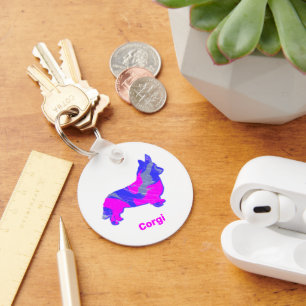 Corgi Welsh Dog Silhouette Paw Pink Blue White Key Ring