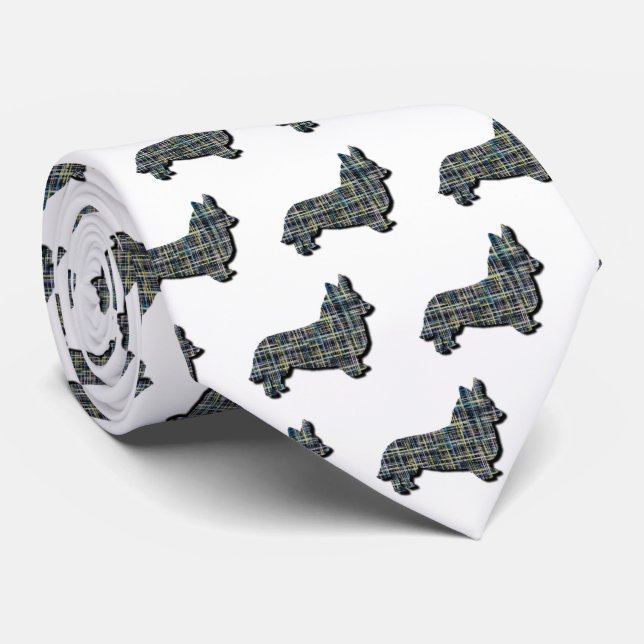 Corgi Welsh Dog Yellow & Black Grid White Tie (Rolled)