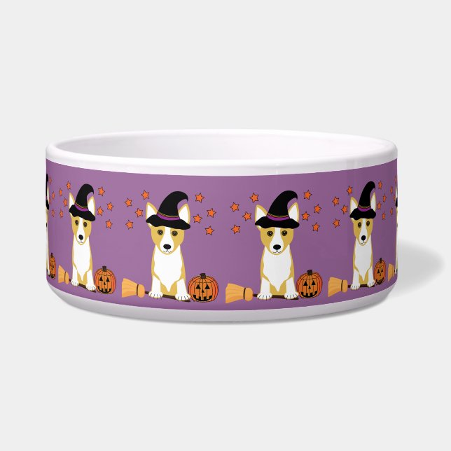 Corgi Witch Halloween Dog Bowl (Front)