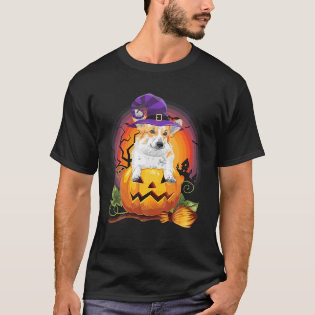 Corgi Witch Pumpkin Halloween Dog Lover Costume T-Shirt (Front)