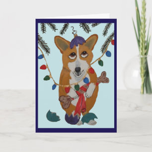 Corgi with Broken Christmas Ornaments Card