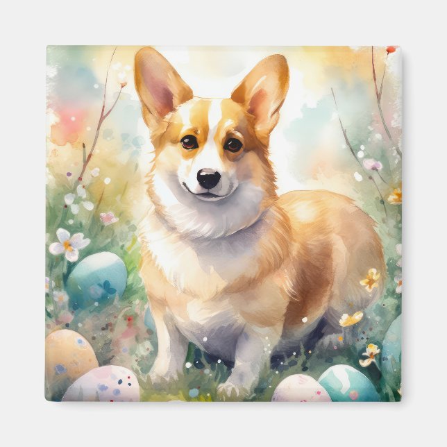 Corgi with Easter Eggs Holiday Magnet (Front)