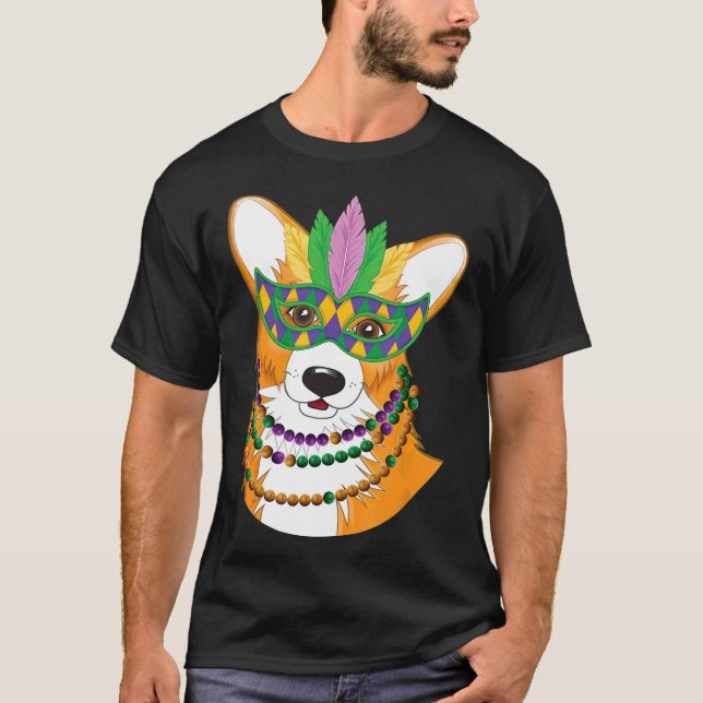 Corgi With Mardi Gras Beads Necklace Mask Dog T-Shirt (Front)