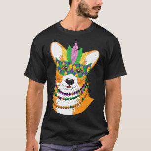 Corgi With Mardi Gras Beads Necklace Mask Dog T-Shirt