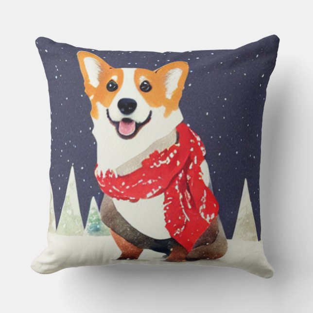 Corgi with Red-White Christmas Scarf Cushion (Front)
