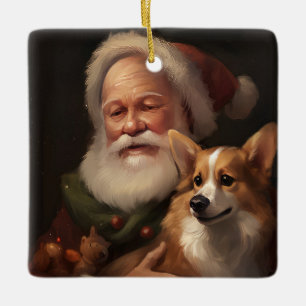 Corgi With Santa Claus Festive Christmas Ceramic Ornament