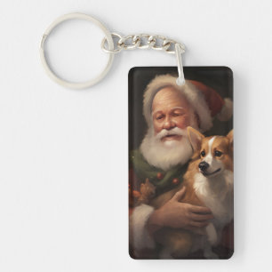 Corgi With Santa Claus Festive Christmas Key Ring