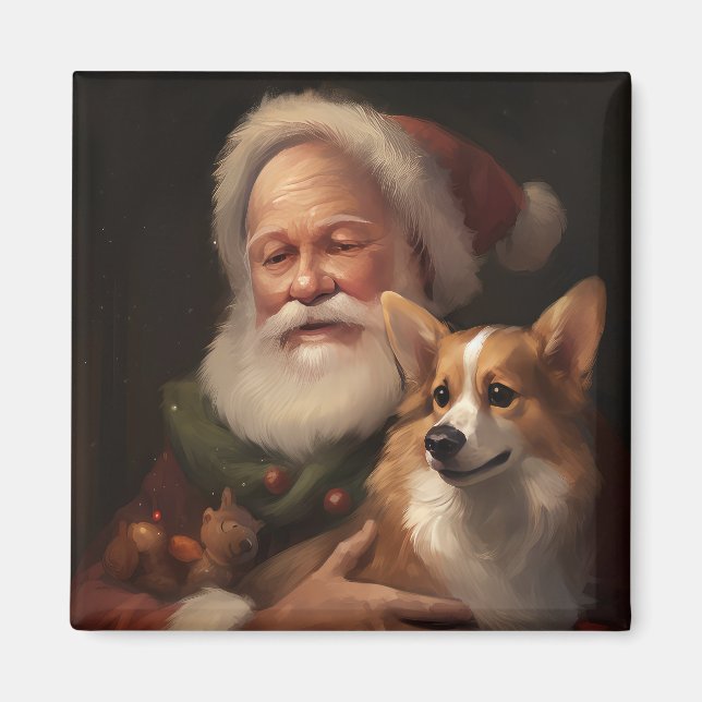 Corgi With Santa Claus Festive Christmas Magnet (Front)