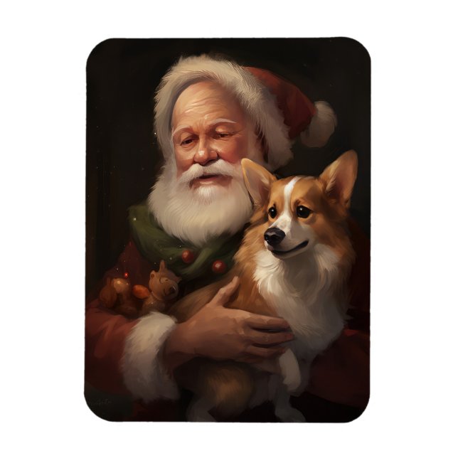 Corgi With Santa Claus Festive Christmas Magnet (Vertical)