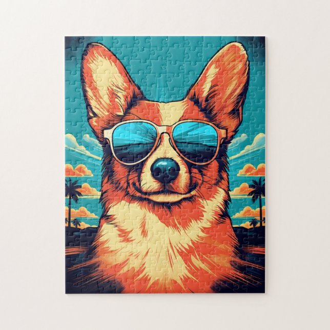 Corgi with sunglasses at a tropical beach jigsaw puzzle (Vertical)