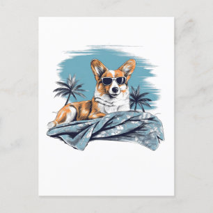 Corgi with sunglasses at the beach postcard