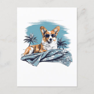 Corgi with sunglasses at the beach postcard