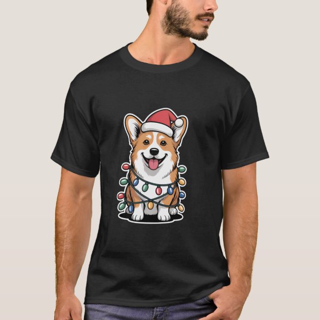 Corgi Wrapped in Christmas Lights  T-Shirt (Front)