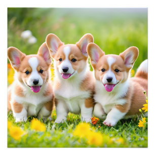 Corgies playing in the grass photo print