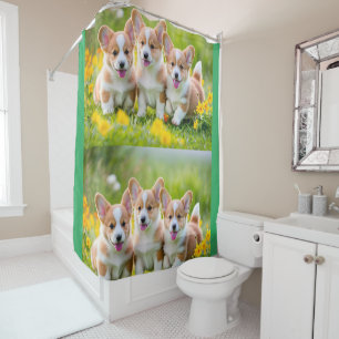Corgies playing in the grass shower curtain