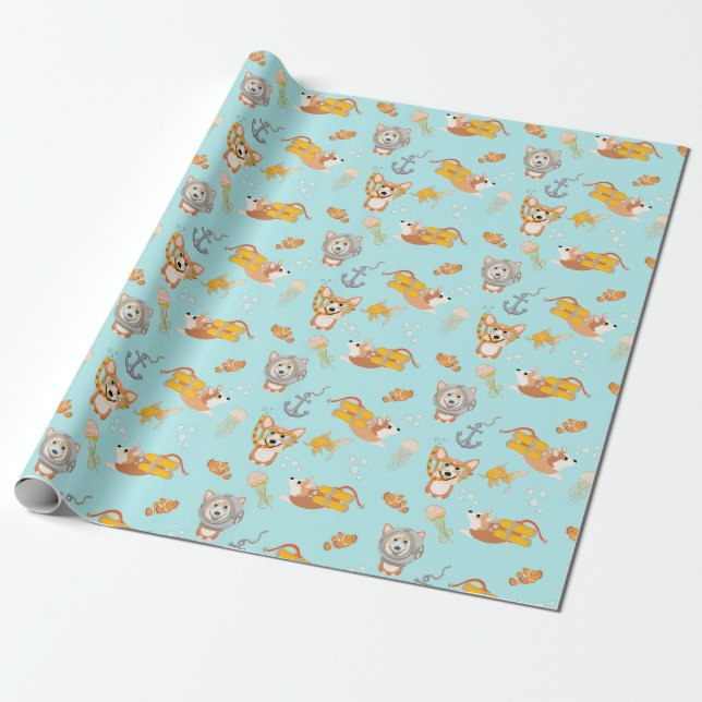 Corgis Are Diving In Ocean Pattern Wrapping Paper (Unrolled)