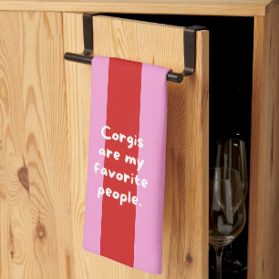 'Corgis Are My Favourite People' Red Pink Striped Tea Towel