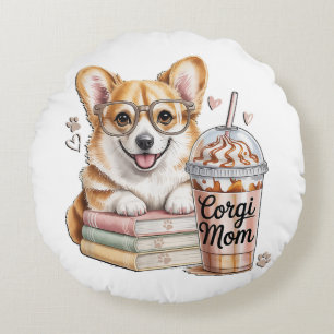 Corgis Books and Iced Coffee for Dog Round Cushion