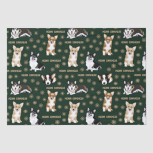 Corgis celebrate christmas- green pattern wrapping tissue paper