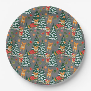 Corgis decorate the Christmas Tree - Grey Pattern Paper Plate