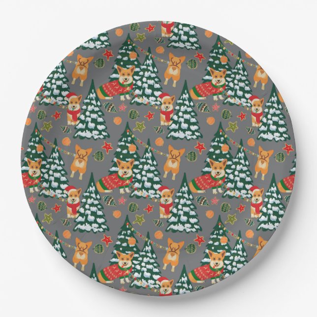 Corgis decorate the Christmas Tree - Grey Pattern Paper Plate (Front)