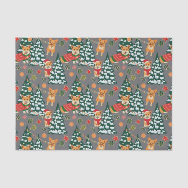 Corgis decorate the Christmas Tree - Grey Pattern Tissue Paper (Front)