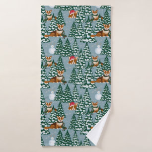 Corgis decorate the Christmas Tree in Forest Blue Bath Towel Set