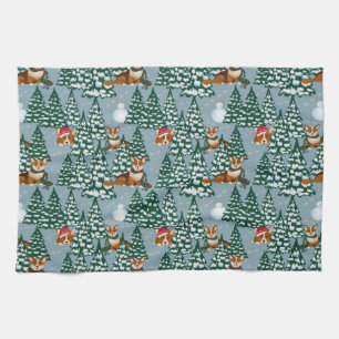 Corgis decorate the Christmas Tree in Forest Blue Tea Towel