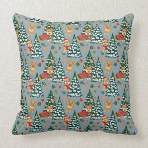 Corgis decorate the Christmas Tree in Forest Cushion