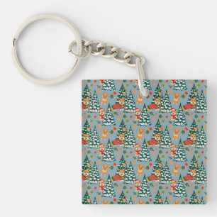 Corgis decorate the Christmas Tree in Forest Key Ring