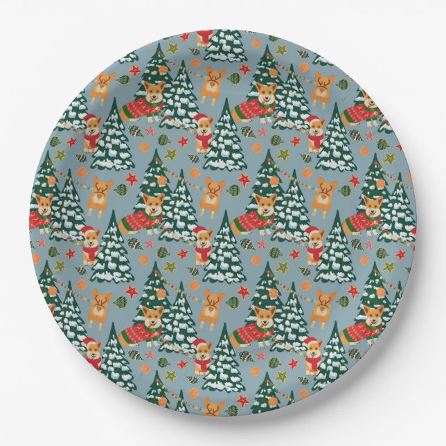Corgis decorate the Christmas Tree in Forest Paper Plate (Front)