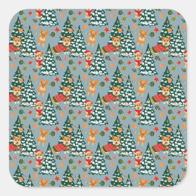 Corgis decorate the Christmas Tree in Forest Square Sticker (Front)
