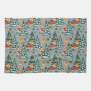 Corgis decorate the Christmas Tree in Forest Tea Towel