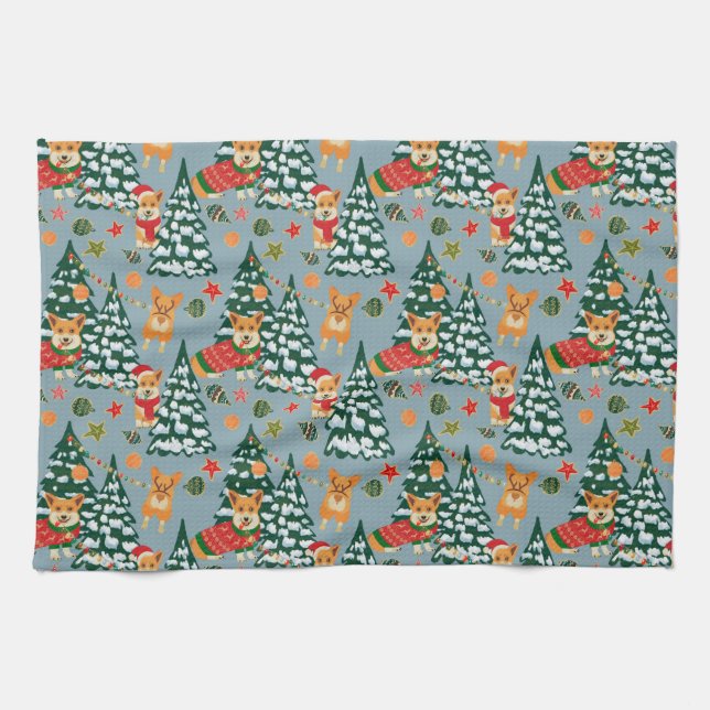 Corgis decorate the Christmas Tree in Forest Tea Towel (Horizontal)
