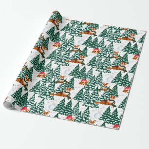 Corgis having fun in the winter forest - white wrapping paper