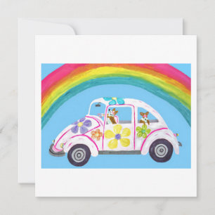  Corgis in Hippie Car at the Beach with a Rainbow Card