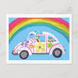 Corgis in Hippie Car at the Beach with a Rainbow Invitation Postcard