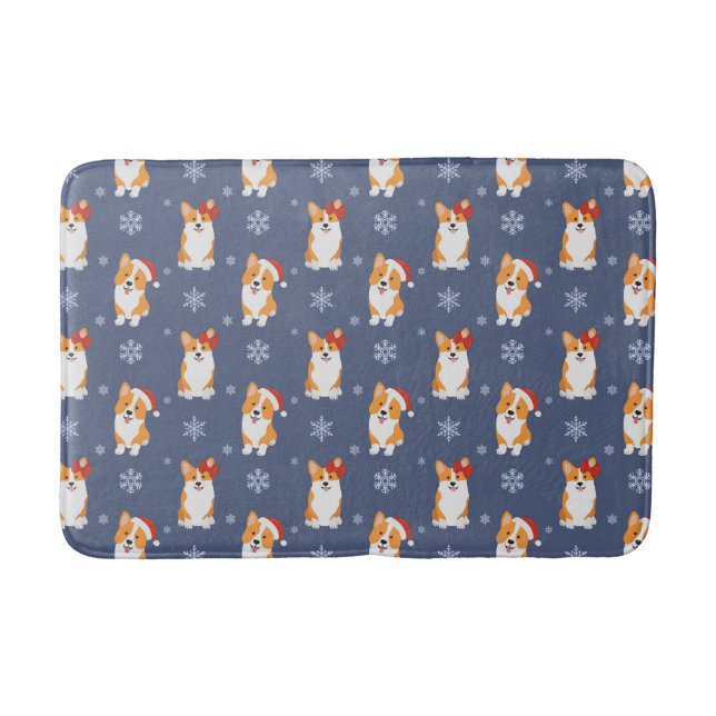 Corgis in Santa Hats and Snowflakes Pattern Bath Mat (Front)