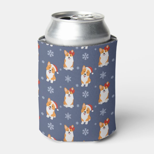 Corgis in Santa Hats and Snowflakes Pattern Can Cooler (Can Front)
