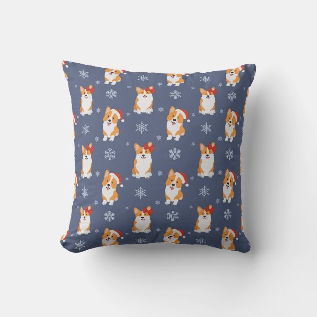 Corgis in Santa Hats and Snowflakes Pattern Cushion (Front)