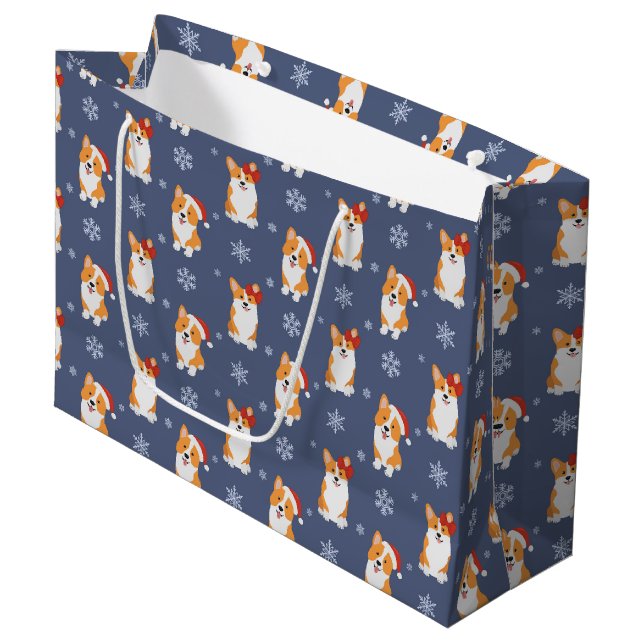 Corgis in Santa Hats and Snowflakes Pattern Large Gift Bag (Front Angled)