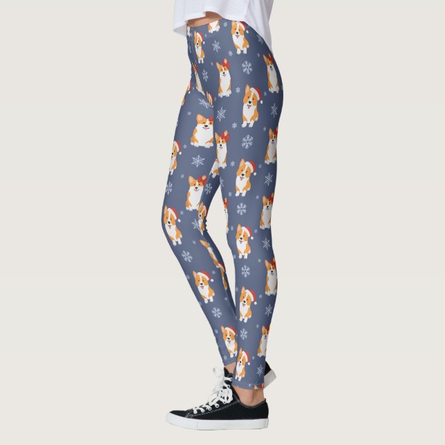 Corgis in Santa Hats and Snowflakes Pattern Leggings (Left)