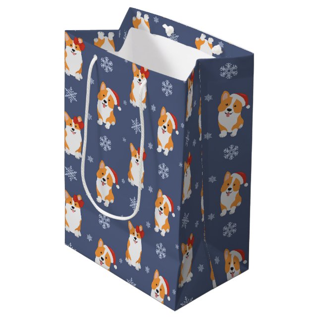 Corgis in Santa Hats and Snowflakes Pattern Medium Gift Bag (Front Angled)