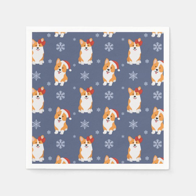 Corgis in Santa Hats and Snowflakes Pattern Napkin (Front)