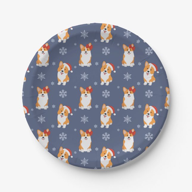 Corgis in Santa Hats and Snowflakes Pattern Paper Plate (Front)
