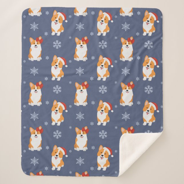 Corgis in Santa Hats and Snowflakes Pattern Sherpa Blanket (Front)