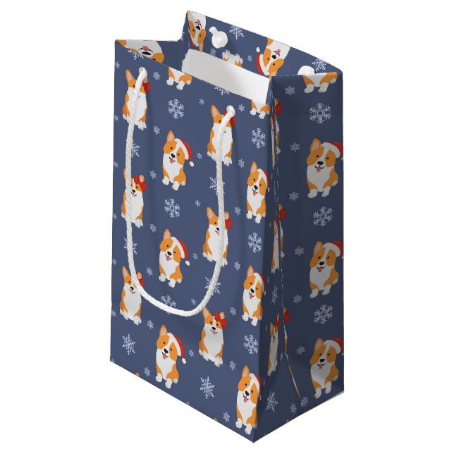 Corgis in Santa Hats and Snowflakes Pattern Small Gift Bag (Front Angled)