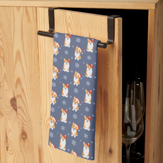 Corgis in Santa Hats and Snowflakes Pattern Tea Towel (Thirds Fold)