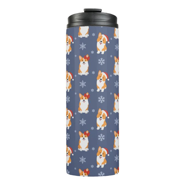 Corgis in Santa Hats and Snowflakes Pattern Thermal Tumbler (Front)