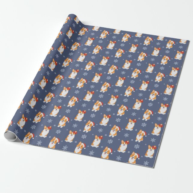 Corgis in Santa Hats and Snowflakes Pattern Wrapping Paper (Unrolled)